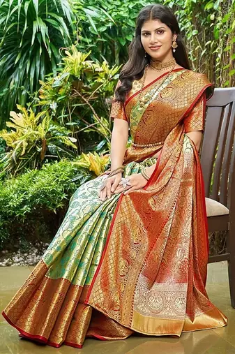 Women's stunning green soft silk kanjeevaram full zari work saree with blouse piece