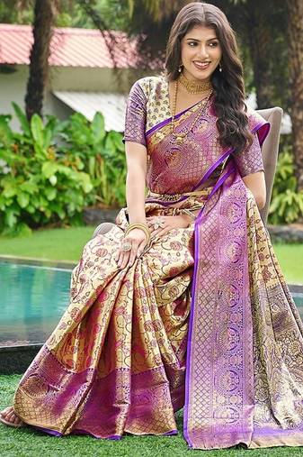 Women's stunning pink soft silk kanjeevaram full zari work saree with blouse piece