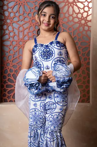 Blue embroidered organza sharara 