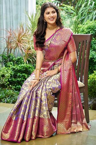Women's stunning purple soft silk kanjeevaram full zari work saree with blouse piece