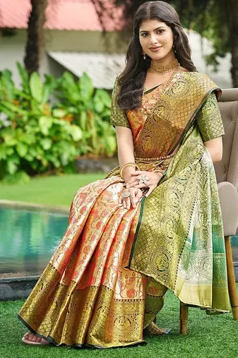 Women's stunning red soft silk kanjeevaram full zari work saree with blouse piece