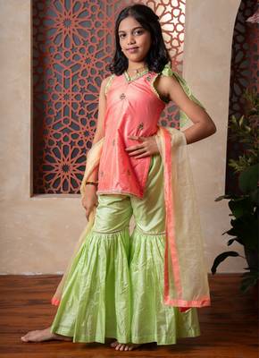 Peach & Green embroidered silk sharara  1