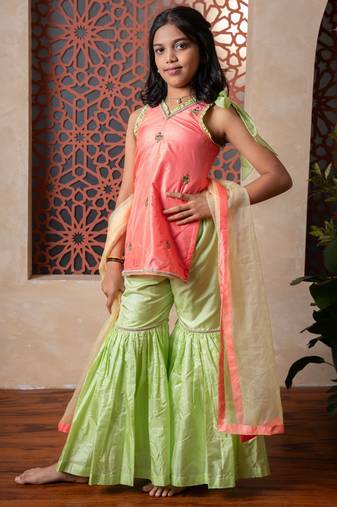 Peach & Green embroidered silk sharara 