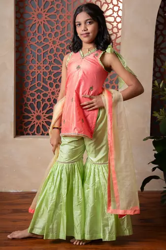 Peach & Green embroidered silk sharara 
