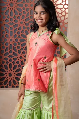 Peach & Green embroidered silk sharara 