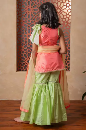 Peach & Green embroidered silk sharara 