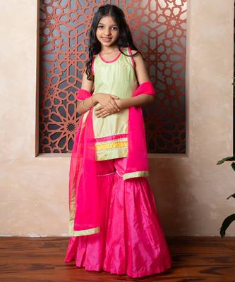 Pink & Green plain silk sharara 1