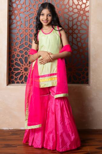 Pink & Green plain silk sharara