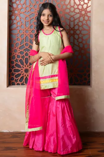 Pink & Green plain silk sharara