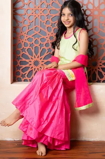 Pink & Green plain silk sharara