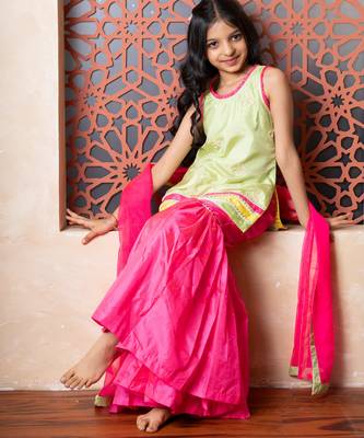 Pink & Green plain silk sharara 3