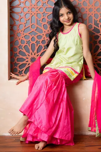Pink & Green plain silk sharara