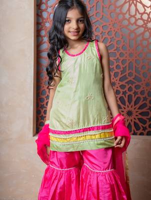 Pink & Green plain silk sharara 4