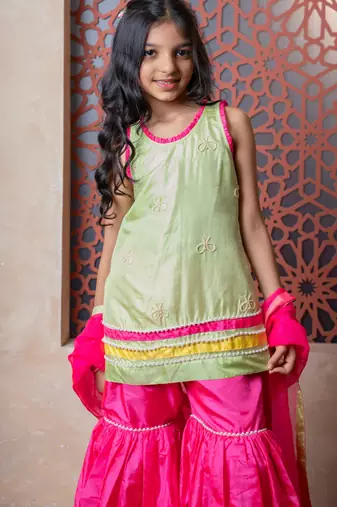 Pink & Green plain silk sharara