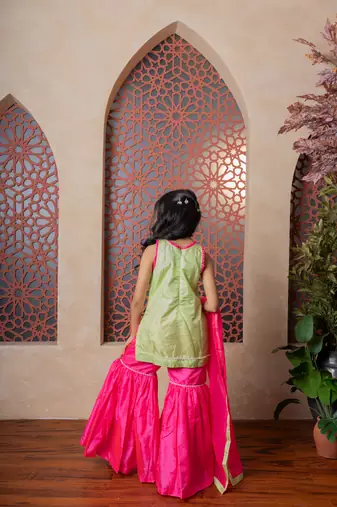 Pink & Green plain silk sharara