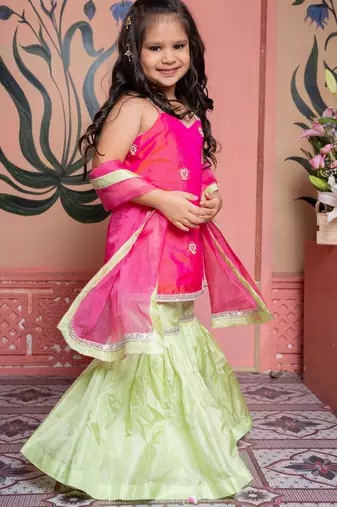 Pink & Green Embroidered silk sharara