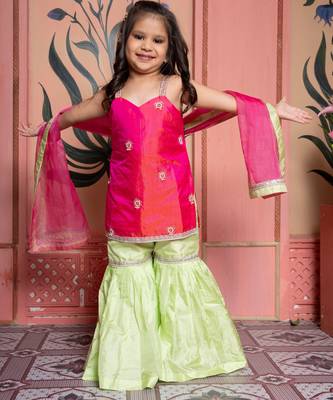 Pink & Green Embroidered silk sharara 2