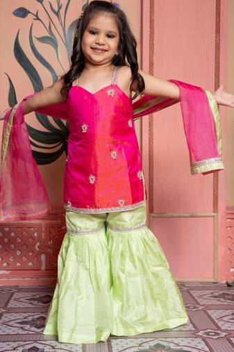 Pink & Green Embroidered silk sharara