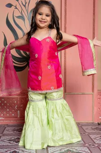 Pink & Green Embroidered silk sharara