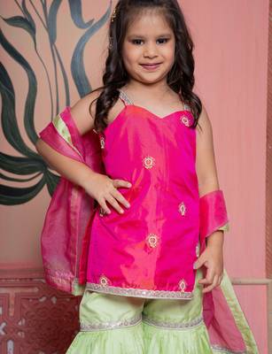 Pink & Green Embroidered silk sharara 3