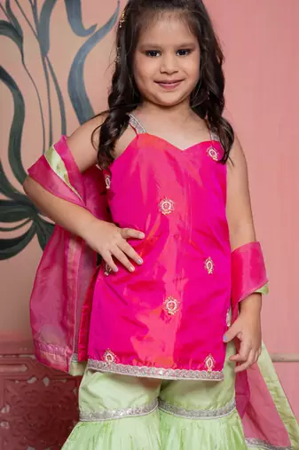 Pink & Green Embroidered silk sharara