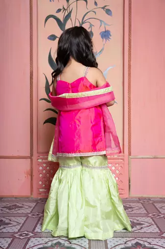 Pink & Green Embroidered silk sharara