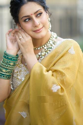 Yellow sequin Embroidered Tabby silk blend saree