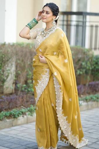 Yellow sequin Embroidered Tabby silk blend saree