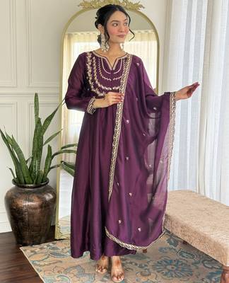 light purple embroidery vichitra silk anarkali kurta pant set with dupatta 1