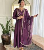 light purple embroidery vichitra silk anarkali kurta pant set with dupatta