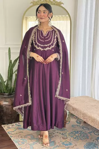 light purple embroidery vichitra silk anarkali kurta pant set with dupatta