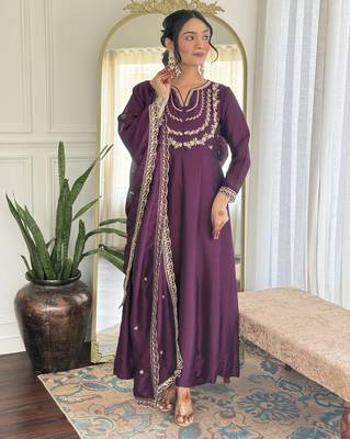 light purple embroidery vichitra silk anarkali kurta pant set with dupatta 3