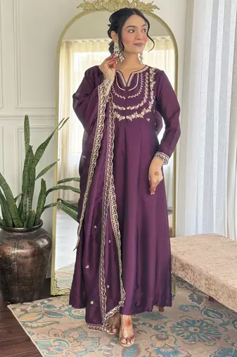 light purple embroidery vichitra silk anarkali kurta pant set with dupatta