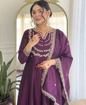 light purple embroidery vichitra silk anarkali kurta pant set with dupatta 4