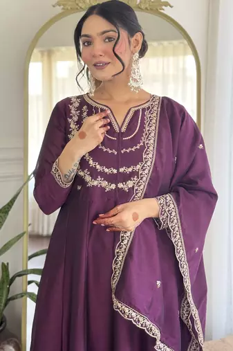 light purple embroidery vichitra silk anarkali kurta pant set with dupatta