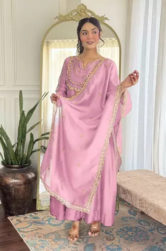 Light pink embroidery vichitra silk anarkali kurta pant set with dupatta