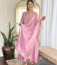 Light pink embroidery vichitra silk anarkali kurta pant set with dupatta