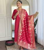 Pink embroidery chanderi silk straight kurta pant set with jacquard dupatta