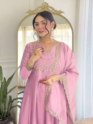 Light pink embroidery vichitra silk anarkali kurta pant set with dupatta 4