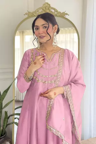 Light pink embroidery vichitra silk anarkali kurta pant set with dupatta