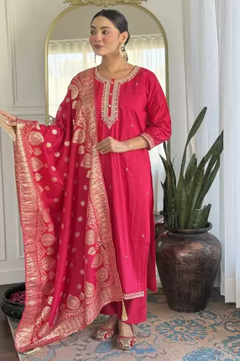 Pink embroidery chanderi silk straight kurta pant set with jacquard dupatta