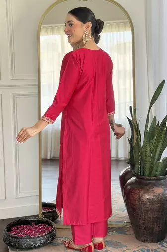 Pink embroidery chanderi silk straight kurta pant set with jacquard dupatta