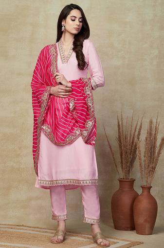 pink women embroidered viscose silk blend kurta pant dupatta set