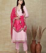 pink women embroidered viscose silk blend kurta pant dupatta set
