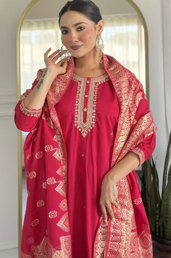Pink embroidery chanderi silk straight kurta pant set with jacquard dupatta