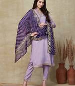 purple women embroidered viscose silk blend kurta pant dupatta set