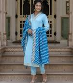 sky Blue women embroidered viscose silk blend kurta pant dupatta set