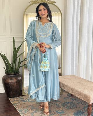 light cream embroidery vichitra silk anarkali kurta pant set with dupatta 1