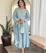light cream embroidery vichitra silk anarkali kurta pant set with dupatta