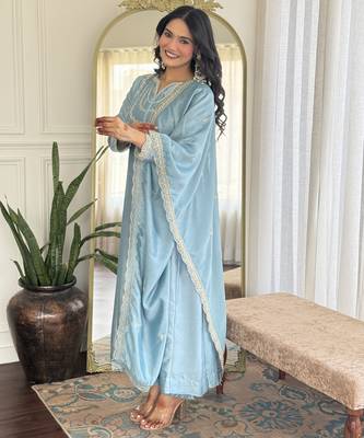 light cream embroidery vichitra silk anarkali kurta pant set with dupatta 2